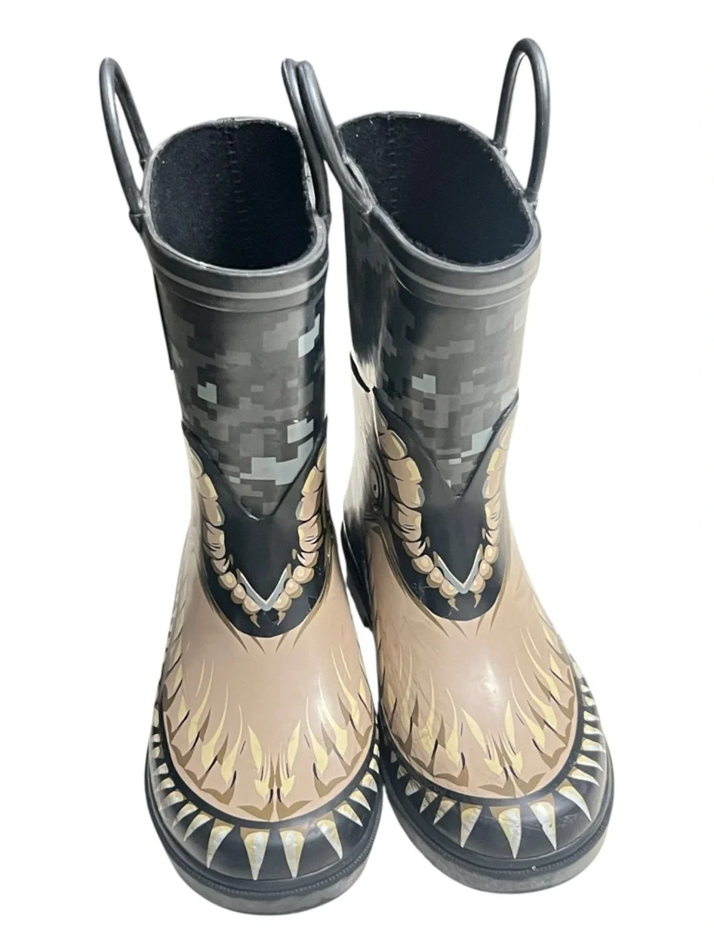 Kids Dinosaur Rain Boots with Camouflage Print - Black & Tan Size 12